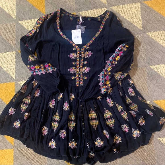Free People Ariana black boho embroidered tunic top or minidress Sz Small - Picture 5 of 10